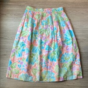 Vintage Pleated Pink Green Blue Purple Floral Midi Skirt Size XL 33” waist
